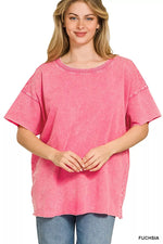 Zenana Acid Wash French Terry Drop Shoulder Raw Edge Top