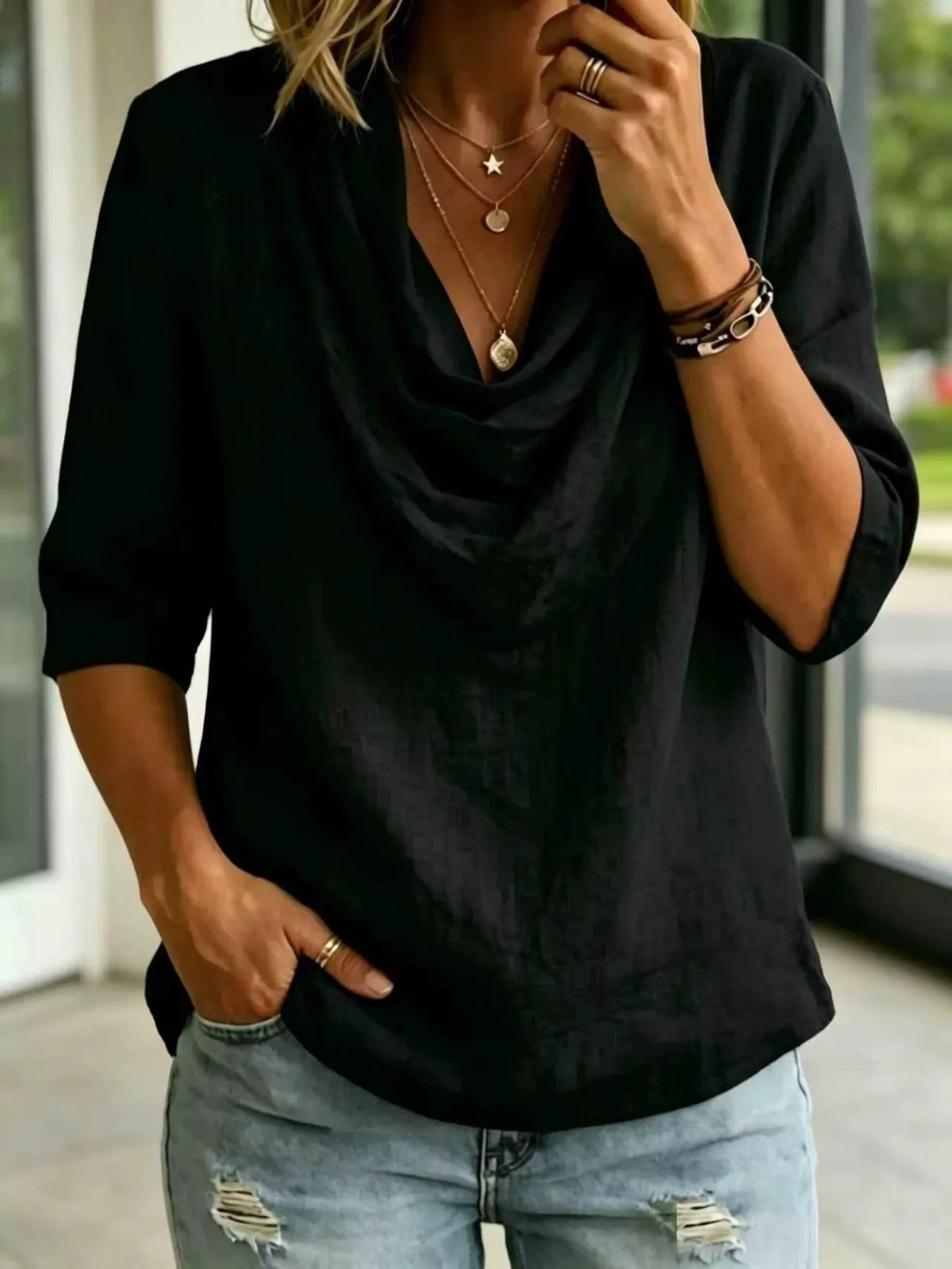 Full Size Cowl Neck 3/4 Sleeve Top Plus Size