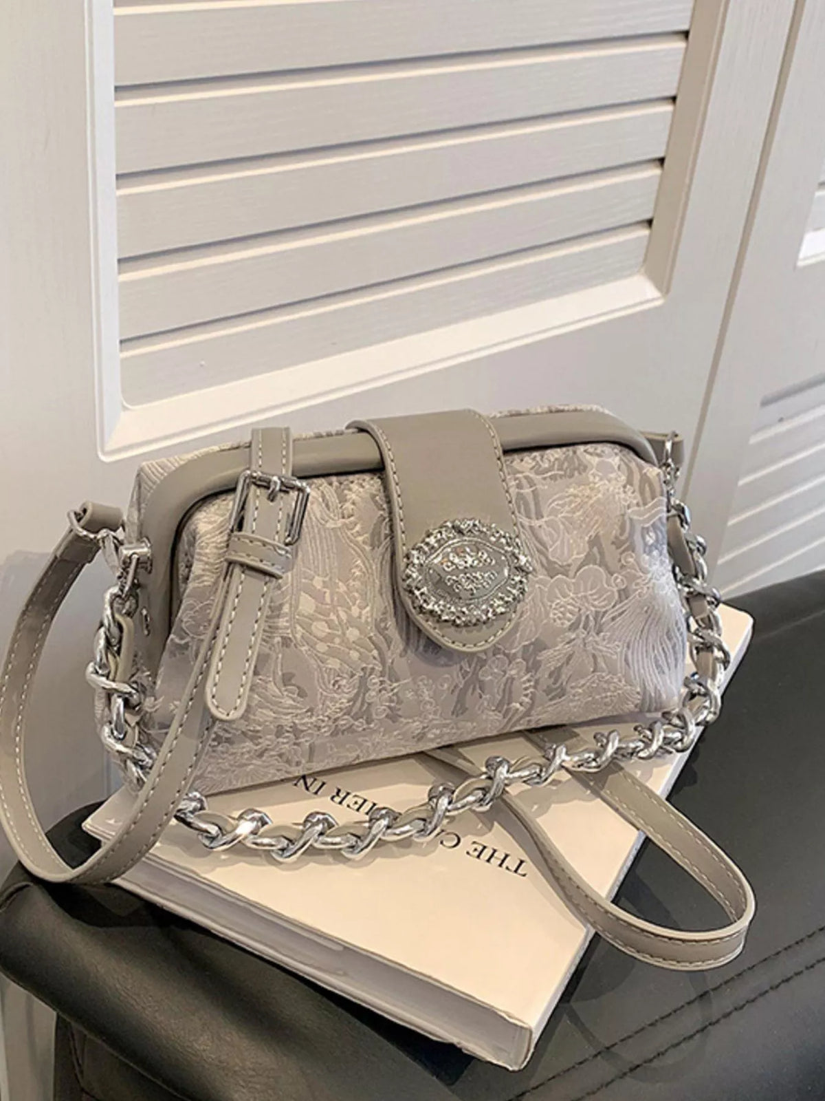 Embroidered Chain Crossbody Bag