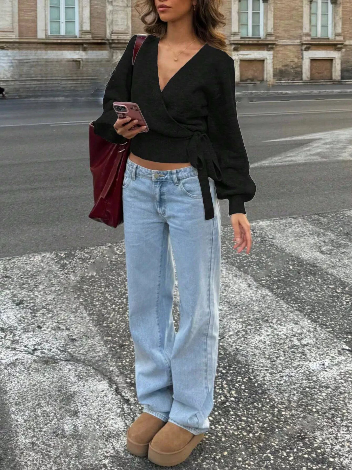 Tie Waist Surplice Sweater