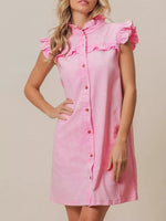 Ruffled Trim Button-Down Denim Dress