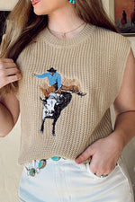 Western Cowboy Embroidery Round Neck Sleeveless Sweater