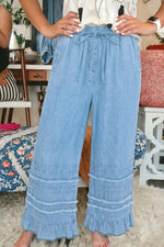 Ruffled Hem Wide Leg Chambray Jeans