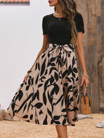 Printed Round Neck Short Sleeve Midi Dress