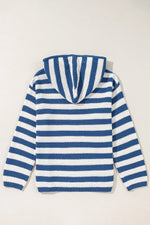 Stripe V Neck Pocketed Drawstring Hooded Sweater
