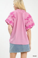Umgee Embroidered Textured Flutter Sleeve Top