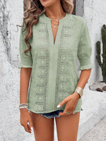 Eyelet Notched Flounce Sleeve Blouse