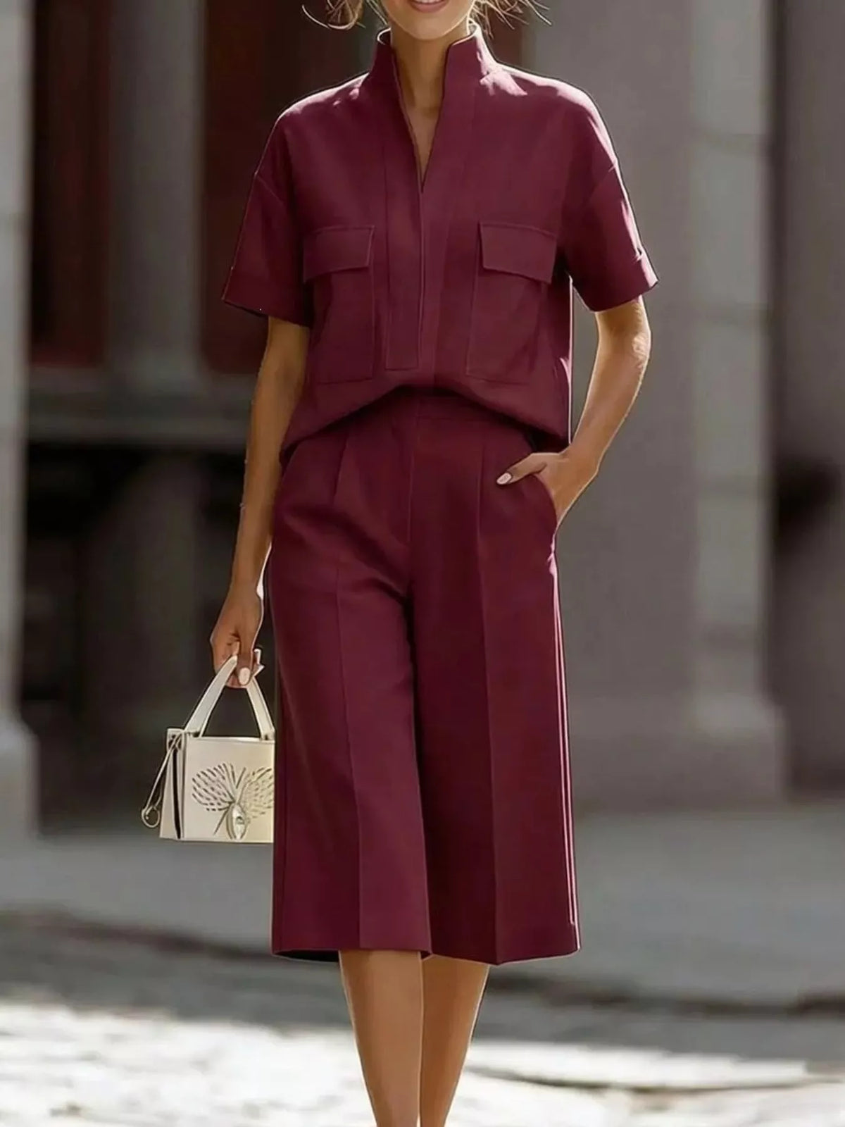 Full Size Short Sleeve Top and Wide Leg Pants Set Plus Size