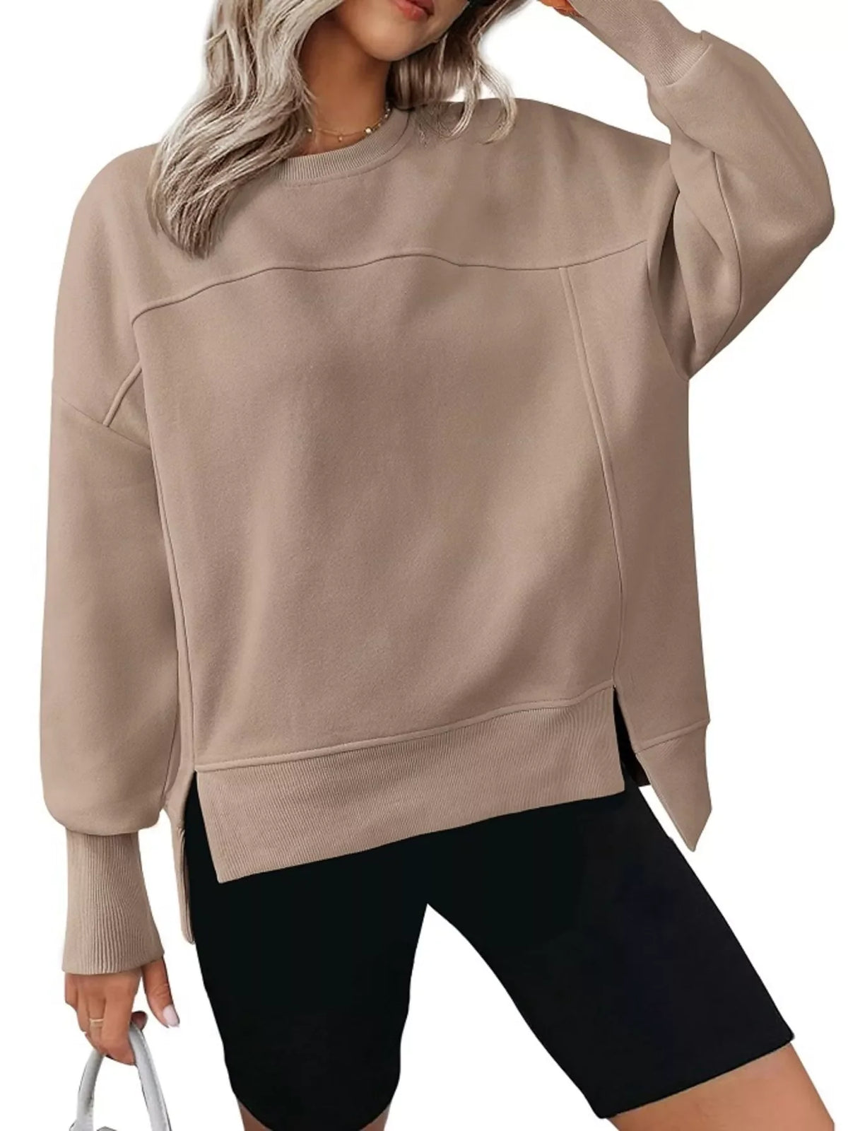 Slit Round Neck Dropped Shoulder Sweatshirt