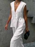 One Button Sleeveless Top and Wide-Leg Pants Set
