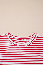 Stripe Floral Puff Sleeve Patchwork Round Neck Loose Top