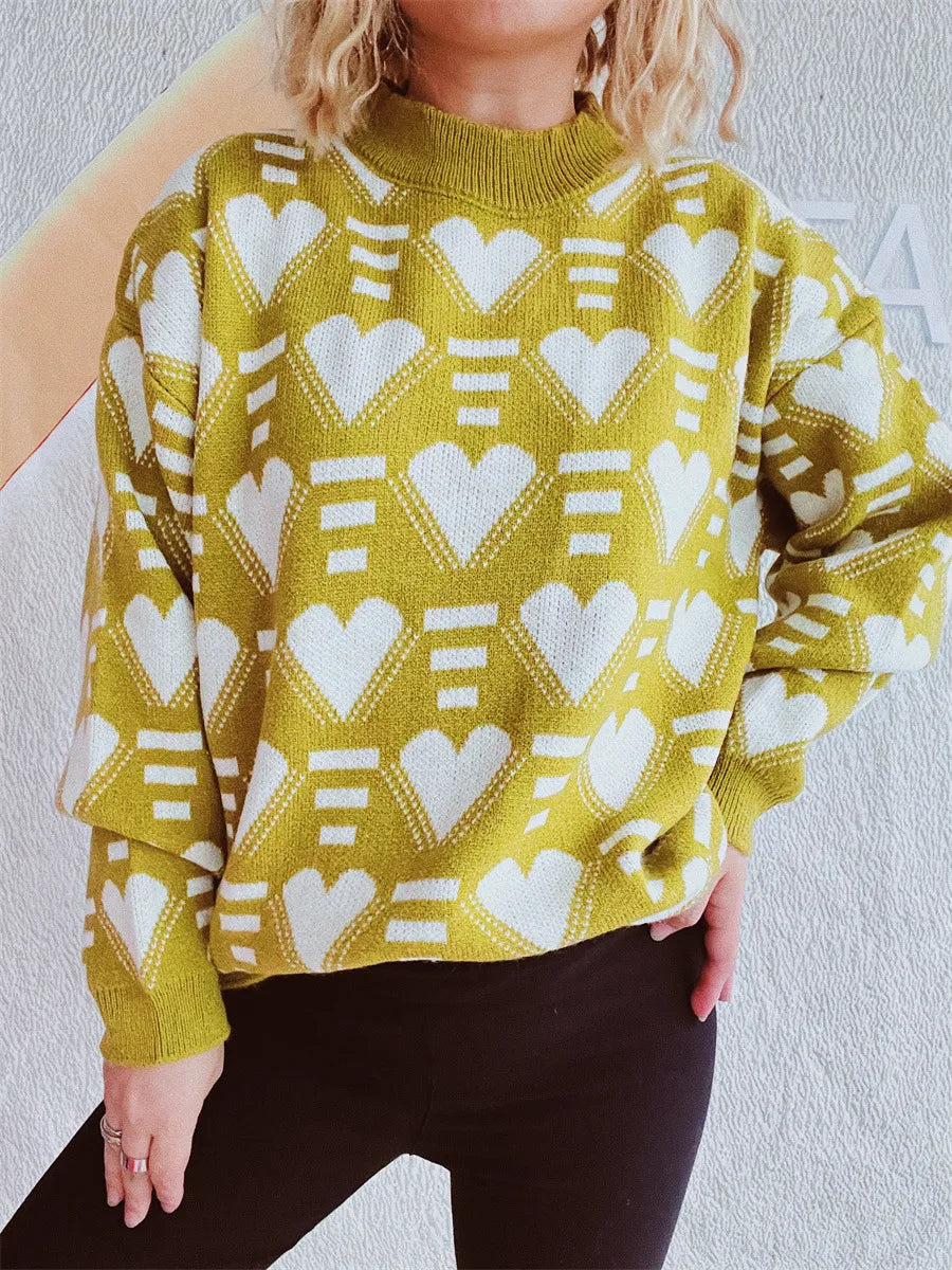Heart Contrast Long Sleeve Dropped Shoulder Sweater