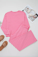 Stripe Drop Shoulder Round Neck Top and Buttoned Straight Pants Two Piece Set