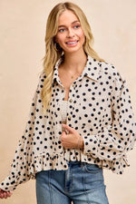 BiBi Crinkle Polka Dot Ruffled Hem Button Up Shirt Top