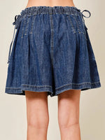 Pleated Elastic Waist Denim Shorts