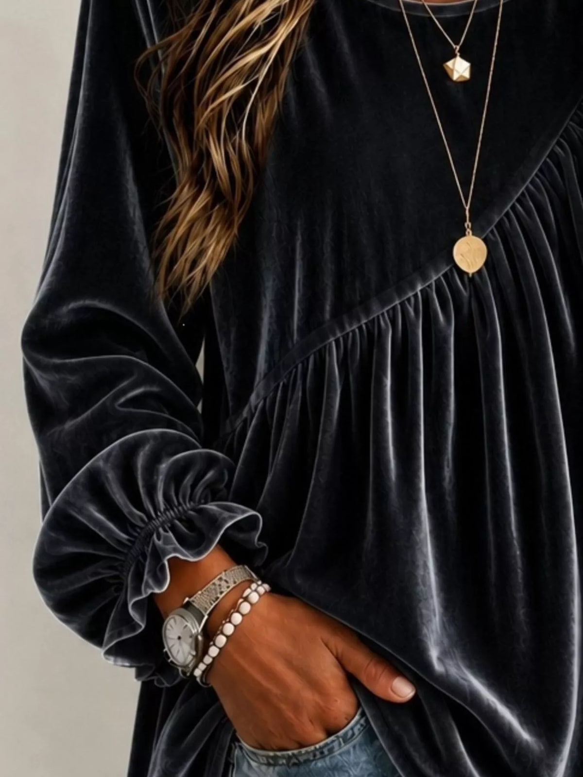 Full Size Velvet Round Neck Long Sleeve Blouse Plus Size