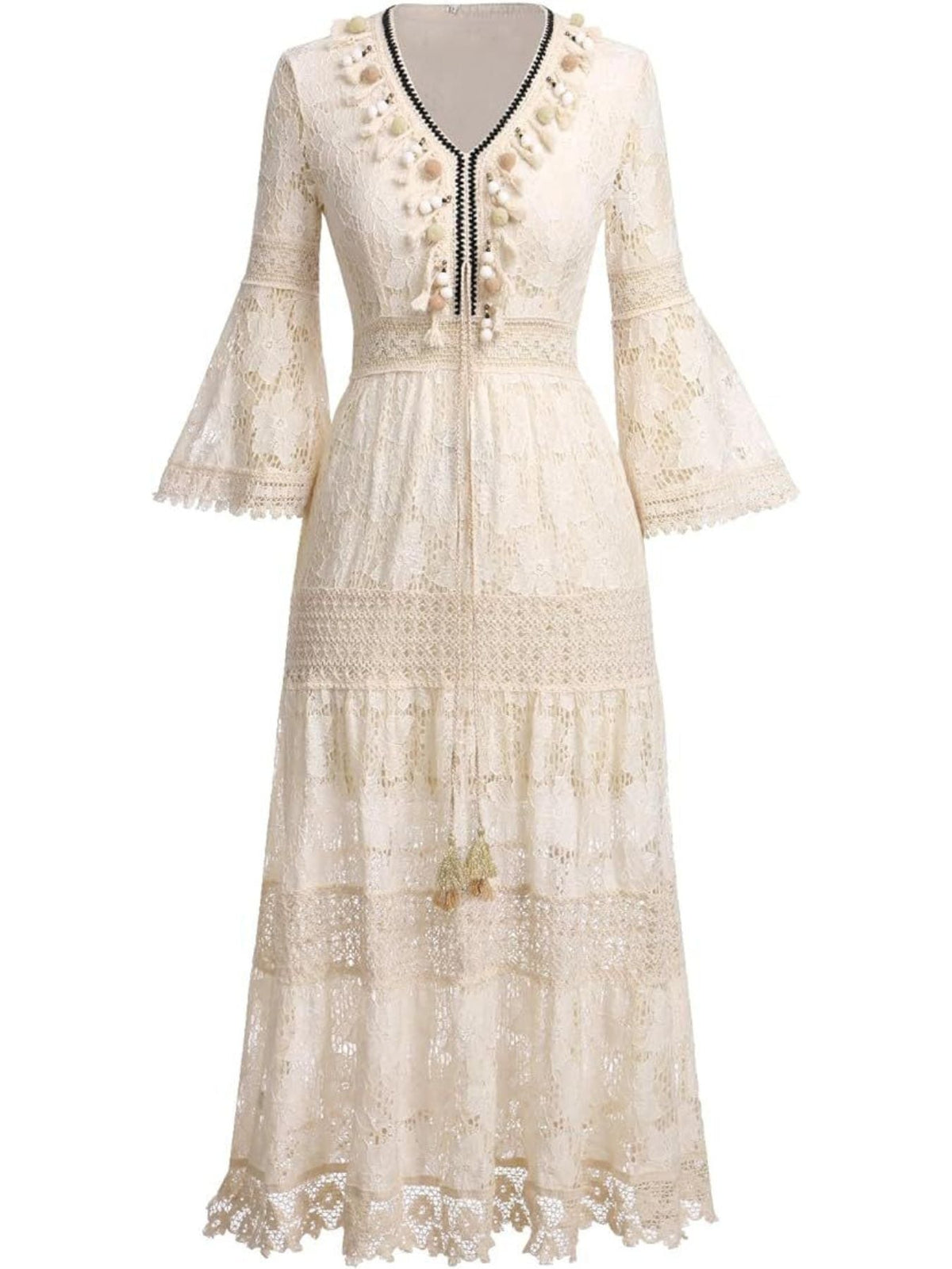 Bohemian Lace Maxi Dress with Bell Sleeves