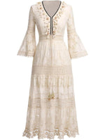 Bohemian Lace Maxi Dress with Bell Sleeves