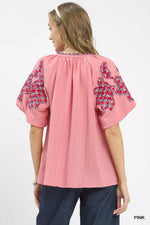 Umgee Embroidered Sleeve Contrast Trim Top