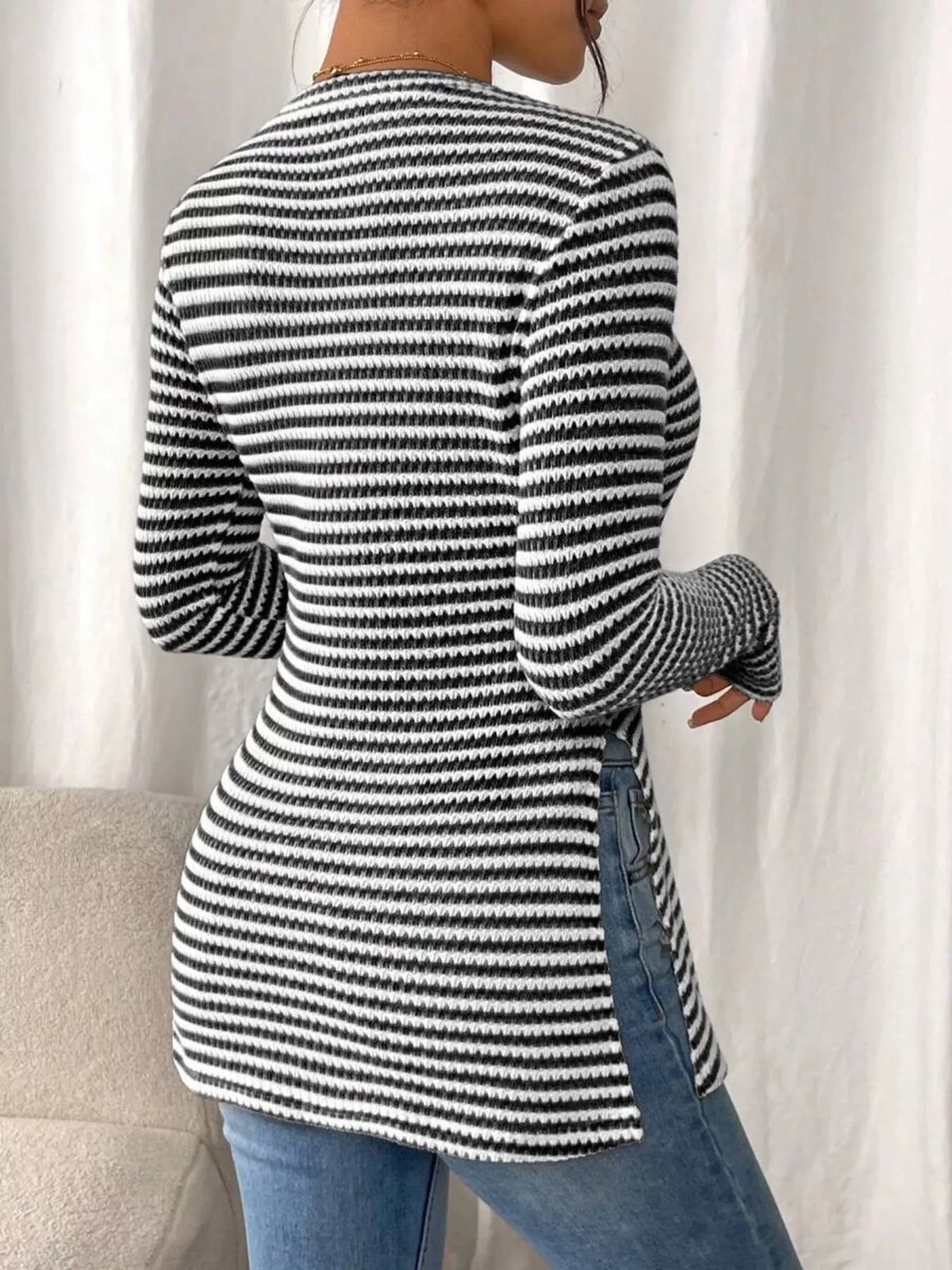 Slit Striped Long Sleeve Casual T-Shirt