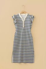 Stripe Ruffled Short Sleeve Contrast Trim Button Notched Neck Midi Dress