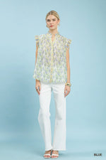 Umgee Floral Print Flutter Sleeve Split Neck Top