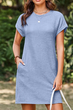 Solid Color Textured Crinkle Short Sleeve T Shirt Dress