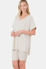 Zenana Full Size V-Neck Short Sleeve Slit T-Shirt and Shorts Set