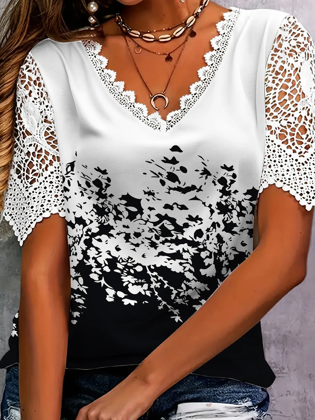 Full Size Printed Lace Sleeve V-Neck T-Shirt Plus Size