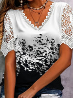 Full Size Printed Lace Sleeve V-Neck T-Shirt Plus Size