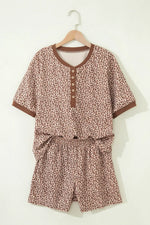 Leopard Print Ribbed Patchwork Half Button Loose Tee Elastic Waist Short 2pcs Set