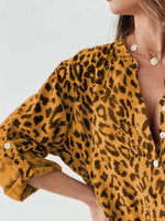 Full Size Leopard Print Roll-Tab Sleeves Blouse Plus Size