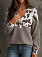 Cow Print Color Block Waffle Knit Blouse