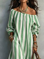 Off-Shoulder Striped Dress with Pockets