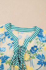Floral Striped Trim Puff Short Sleeve Dress