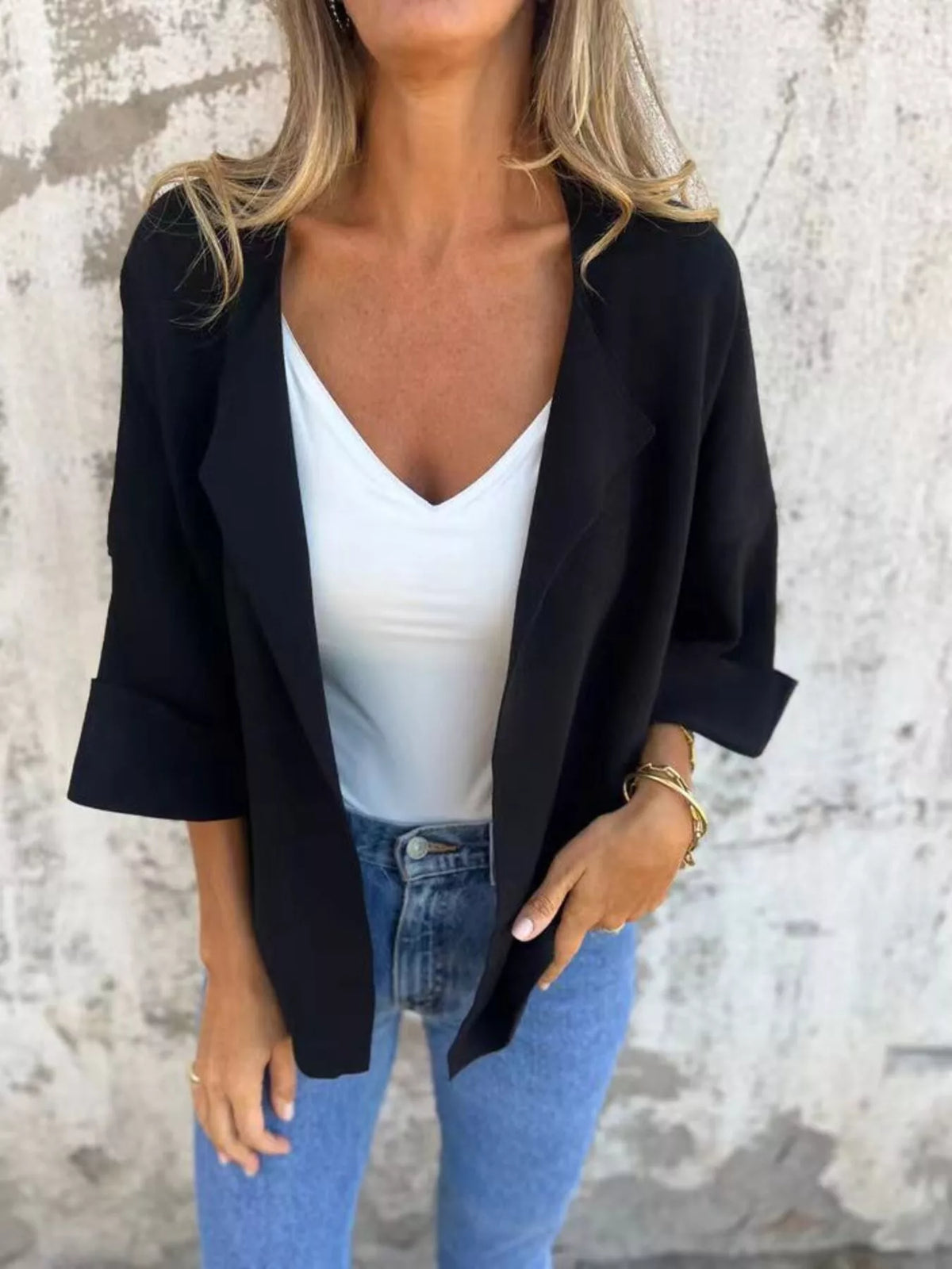 Full Size Open Front 3/4 Sleeve Casual Cardigan Plus Size