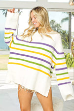 BiBi Ribbed Hem Mardi Gras Stripe Sweater