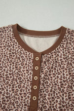 Leopard Print Ribbed Patchwork Half Button Loose Tee Elastic Waist Short 2pcs Set