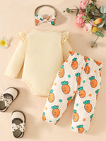 Children's Carrot Print Bodysuit and Pants Set with Headband