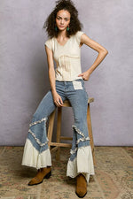 POL V-Neck Lightweight Textured Short Sleeve Knit Top with Lace Trim