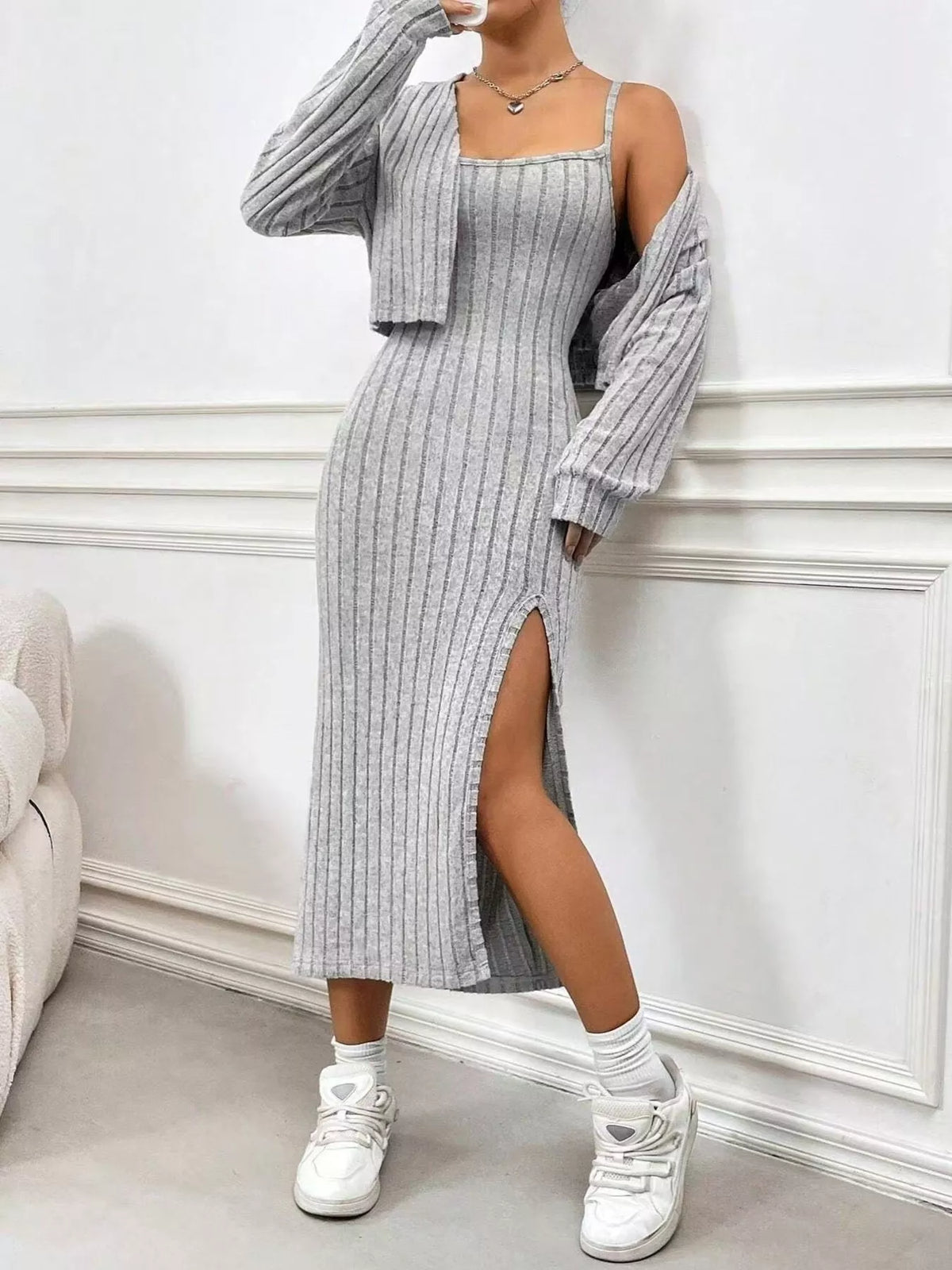 Ribbed Knit Cami Dress & Cardigan Set