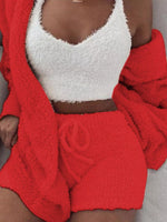 Full Size 3-Piece Fuzzy Plush Cardigan and Shorts Lounge Set with Crop Top Plus Size