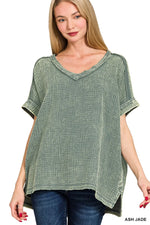 Zenana Acid Washed Double Gauze V-Neck Tee