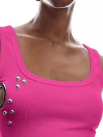 Ribbed Tank Top with Metal Grommet Cutouts and Stud Embellishments
