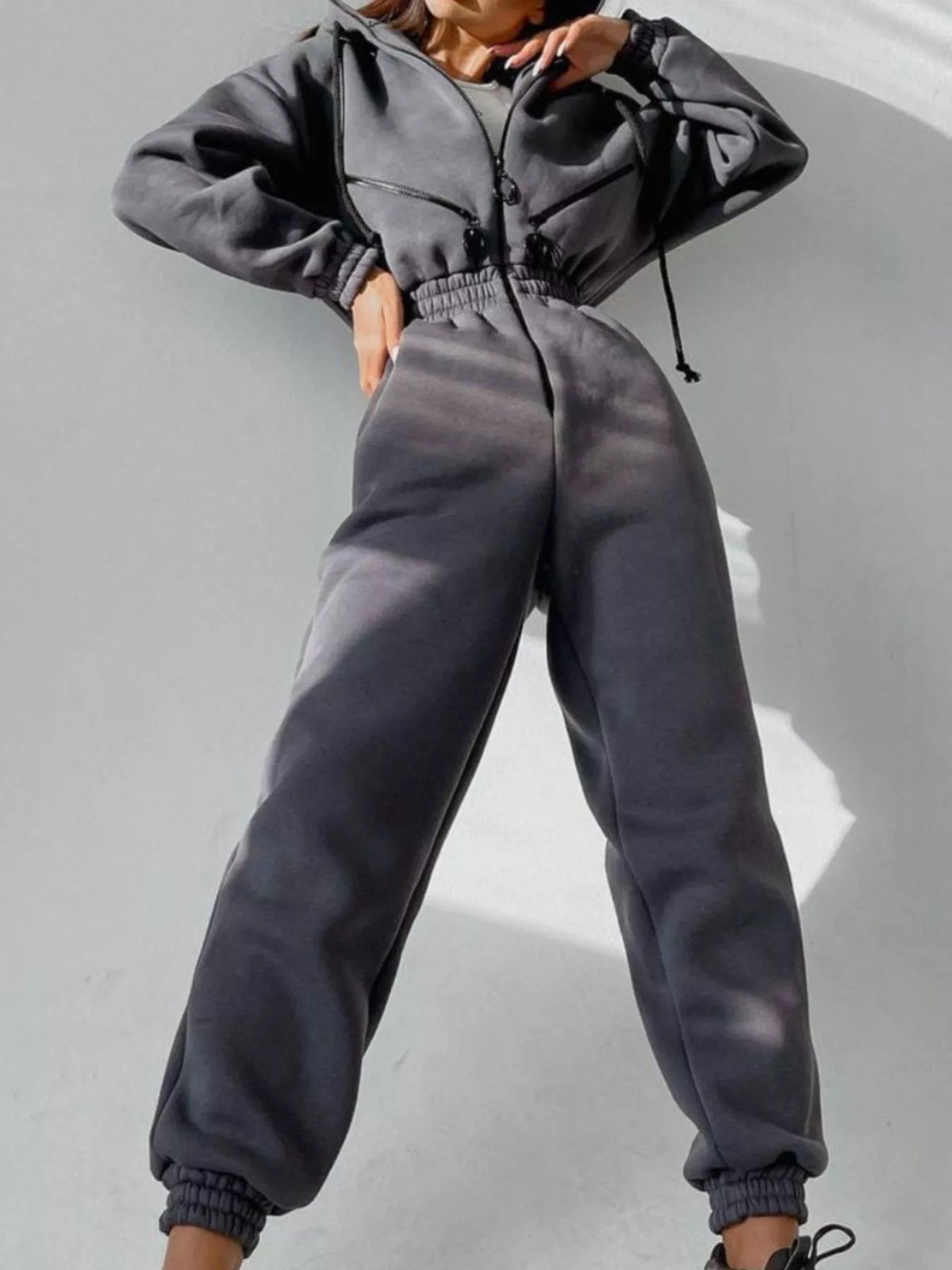 Zip Front Dropped Shoulder Jumpsuit