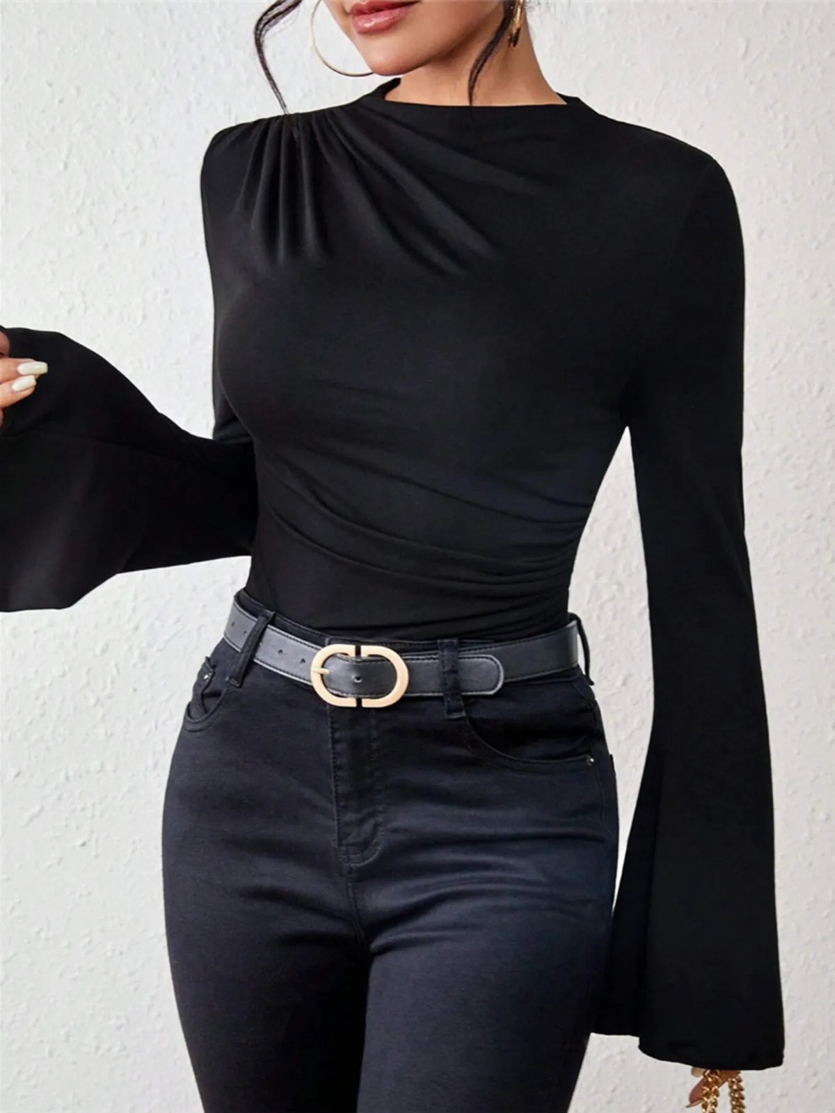 Bell Sleeve Ruched Fitted T-Shirt with Mock Neck