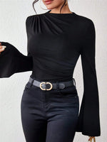Bell Sleeve Ruched Fitted T-Shirt with Mock Neck