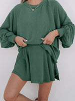 Corded Lantern Sleeve Top and High Waist Mini Skirt Set