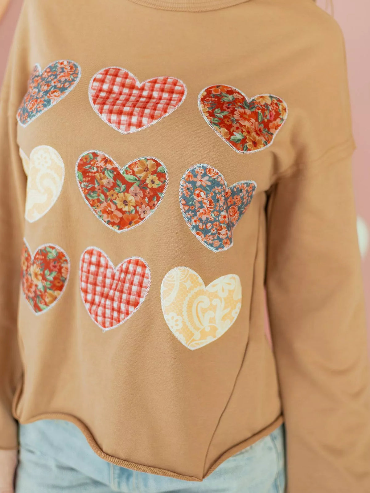 Plaid Floral Heart Stitched Exposed Seam Mineral Wash Sweatshirt