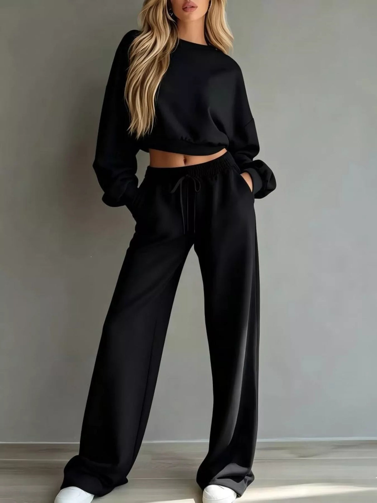 Round Neck Cropped Sweatshirt and Wide-Leg Pants Set